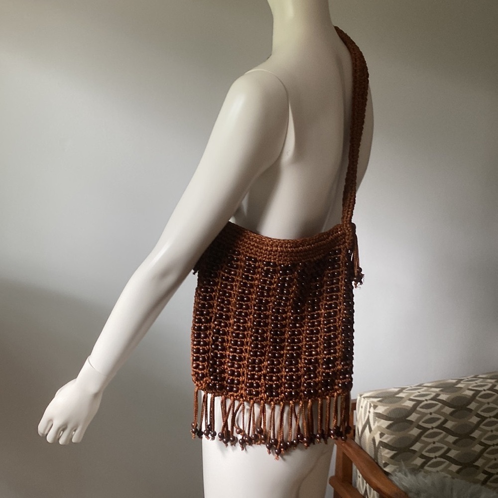 VINTAGE  70’s WALBORG Wood Beaded Fringe Shoulder